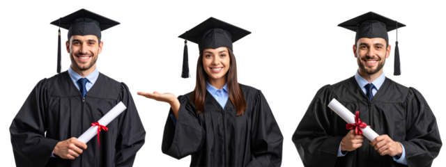 Male Graduate Holding Diploma and Smiling Proudly, Half-Body View, Transparent Background png Graduate Woman Gesturing to the Side with Open Palm, Cap and Gown, Transparent PNG 