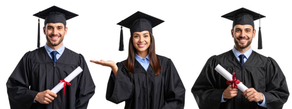 Male Graduate Holding Diploma and Smiling Proudly, Half-Body View, Transparent Background png Graduate Woman Gesturing to the Side with Open Palm, Cap and Gown, Transparent PNG 