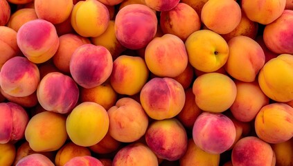 A pile of fresh peaches in various sizes and colors