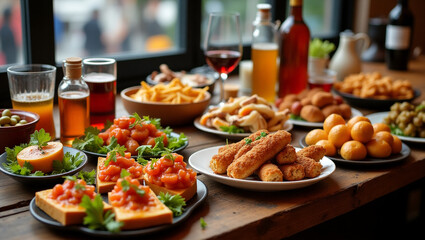 An Appetizing Display of Spanish Pinchos and Tapas on Wooden Planks With Colorful Garnishes