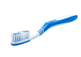 Curved blue and white toothbrush isolated on transparent background