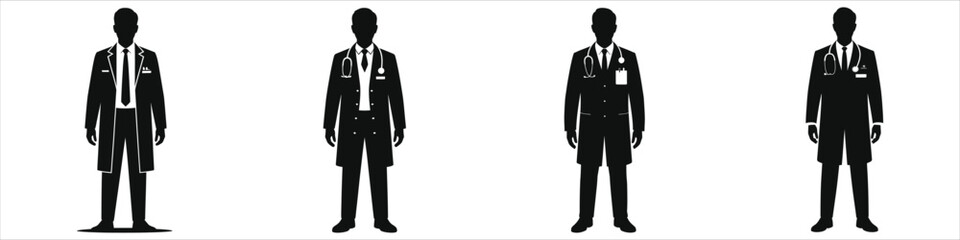 Silhouette Set of Male Doctors in Medical Coats with Stethoscopes – Professional Healthcare Workers, Physicians, and Medical Staff Icons for Hospital, Clinic, and Medicine Design Concepts