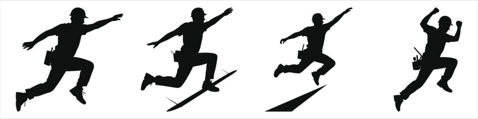 Silhouette Sequence of Construction Worker Jumping Over Obstacle in Safety Helmet with Tools – Dynamic Industrial Action Poses for Business Challenge, Achievement, and Teamwork Concepts