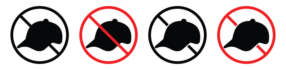 No Caps Allowed Sign, Red Prohibition Circle with Baseball Cap Silhouette on White Background.