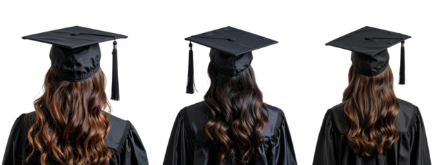 set of Back View of Young Woman in Graduation Gown Looking Over Shoulder, Transparent Background