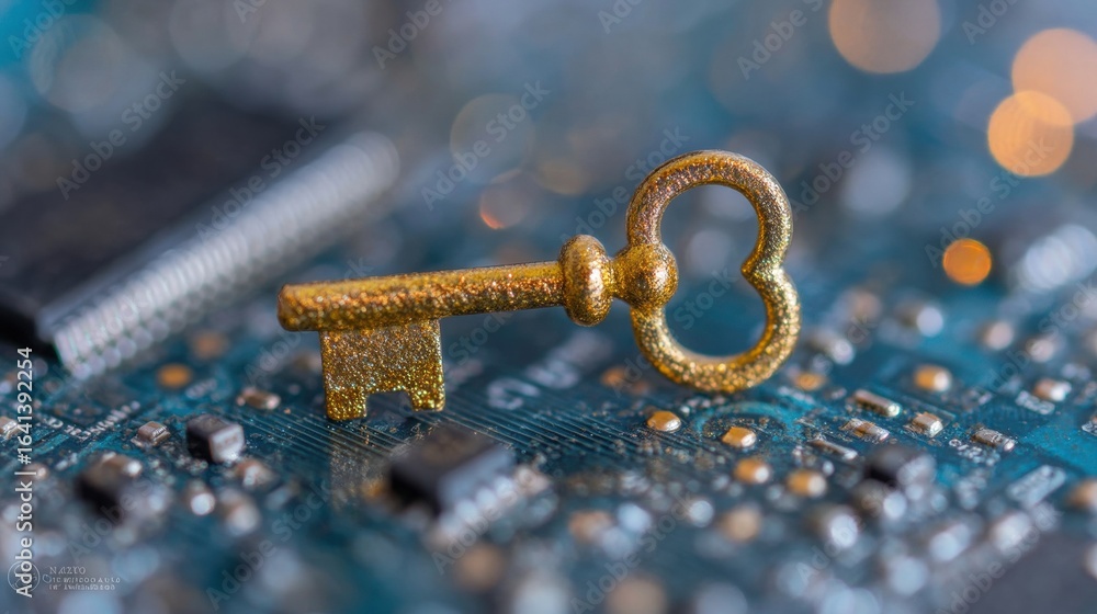 Poster golden key placed on computer circuit board for unlocking technology secrets