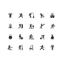 Collection of various sport and exercise icons in black silhouette  design