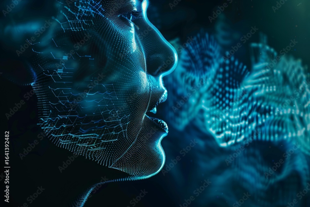 Poster artificial intelligence generating sound waves from a digital face, concept of communication and inn