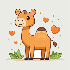 Cute Cartoon Camel Illustration with Hearts and Plant Accents in Pastel Colors
