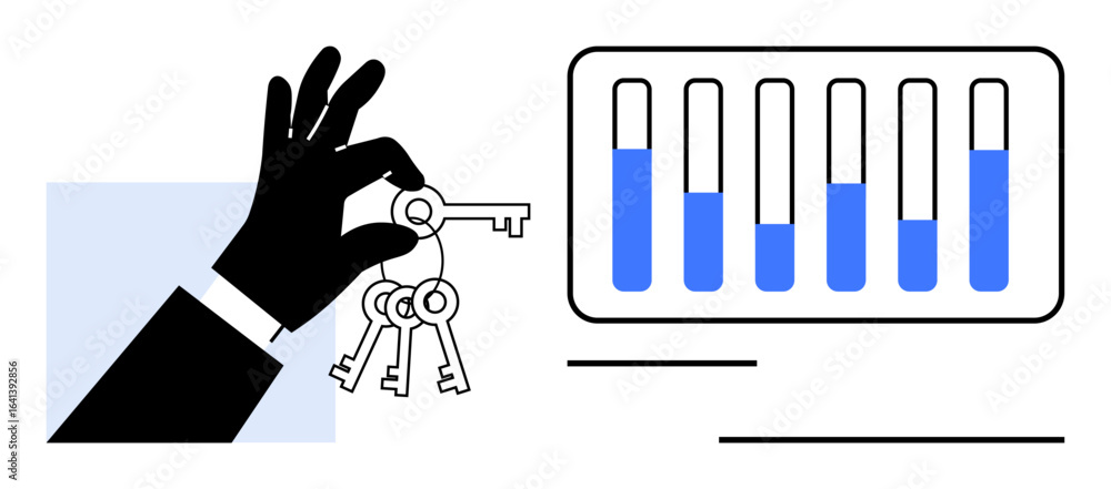 Poster hand gripping multiple keys near a vertical bar chart showing varying progress levels in blue. ideal