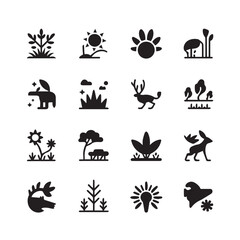 A collection of nature and animal themed glyph icons in black color  design