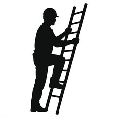 Silhouette of construction worker climbing ladder wearing hard hat, safety gear, and work boots, industrial maintenance, building inspection, repair job, professional tradesman  © Tanver