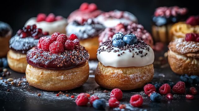 Colorful, decorated donuts with fresh berries
