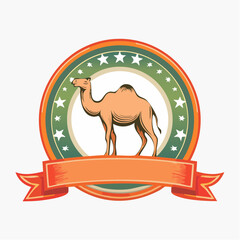 Vintage Camel Illustration with Stars and Ribbon Banner for Desert Travel Theme