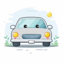 Adorable Cartoon Car Character with Big Eyes and Cheerful Sun Illustration