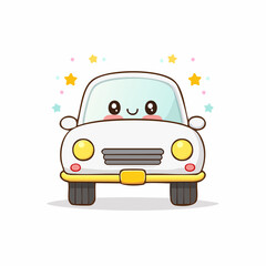 Adorable Kawaii-Style Car Illustration with Charming Facial Expression and Sparkly Stars