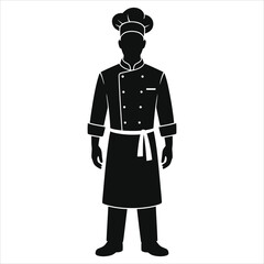 Silhouette of professional chef in uniform, apron, and hat – full body black and white vector illustration of cook standing – culinary arts, gourmet cooking, restaurant staff and kitchen icon design 