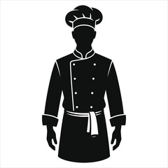 Silhouette of professional chef wearing uniform, apron, and toque hat – black and white full body vector illustration of cook – culinary arts, gourmet cooking, restaurant staff and kitchen icon design