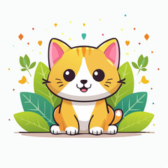 Adorable Cartoon Kitten Character Surrounded by Lush Greenery and Decorative Elements