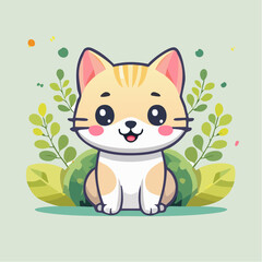 Charming Cartoon Kitten Amidst Lush Greenery: A Delightful Whimsical Illustration
