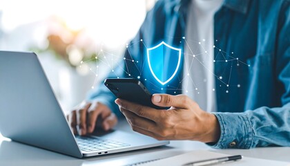 Person using a smartphone with a security shield graphic overlay.