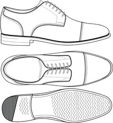 CAD drawing flat vector illustration of classic leather oxford dress shoes, side, top and sole view, detailed footwear design template.