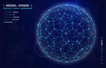 Abstract 3D sphere of polygons, lines, dots. Globe network, digital data and technology patterns. Futuristic AI and geometric design. Light particles, cyber space element. Science and business concept