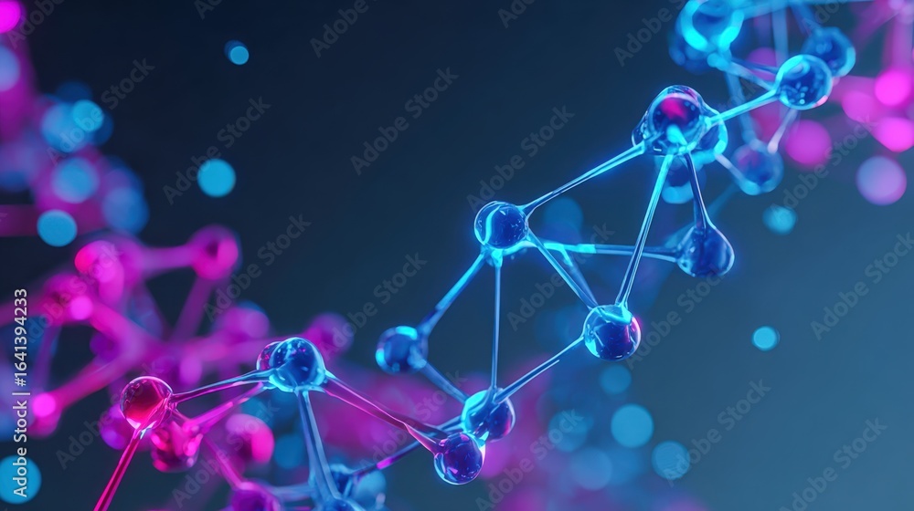 Poster abstract molecular structure with vibrant lighting, perfect for scientific visualizations and techno