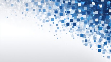 Blue squares cascade across a white and gray gradient background with bokeh lights. Perfect for abstract technology, science, or business themed designs.