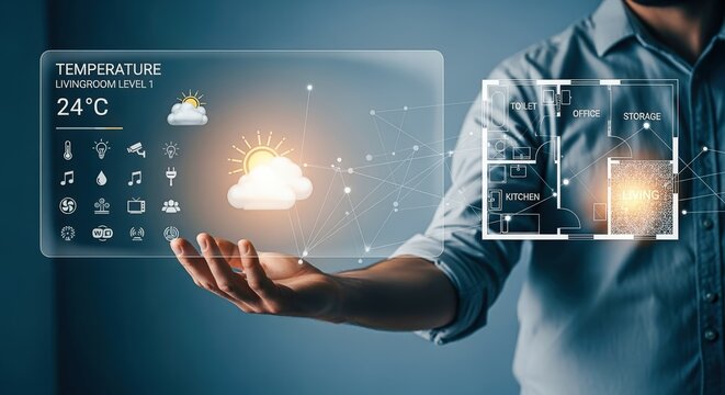 Smart Home Interface: Man Holding Futuristic Display of Temperature, Weather and Floor Plan for Automation