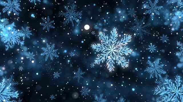 Glowing Blue Snowflakes Fall Against Dark Winter Background Creating Serene Atmosphere with Magical Pattern Touch