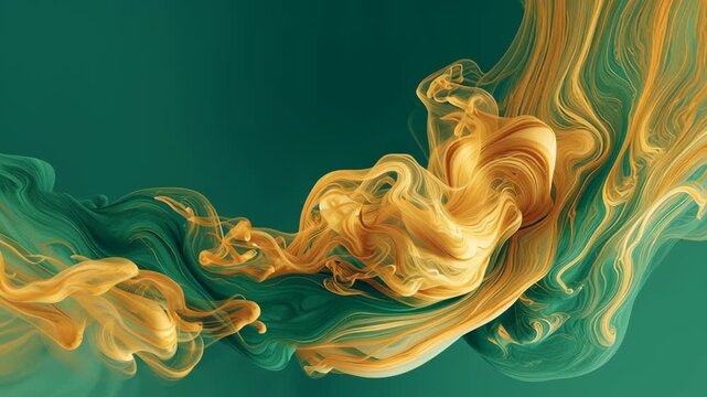 Mesmerizing Abstract Pattern Swirl of Gold Ink Flows Through Deep Green Liquid, Creating Graceful Swirling Flow