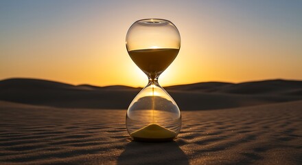 An hourglass in the desert with sand flowing as the sun sets, symbolizing the passage of time and mortality.