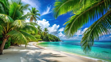 Obraz premium Serene tropical beach scene with lush green trees and calm turquoise sea, surrounded by swaying palm fronds and white sandy shorelines , sea