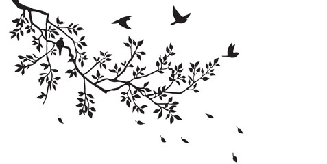 Elegant black silhouette tree branch with flying birds and falling leaves, minimalistic nature wall art, decorative vector illustration design