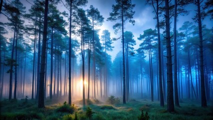 Naklejka premium Moody forest at dusk with tall trees and mist, twilight, nature, twilight, nature
