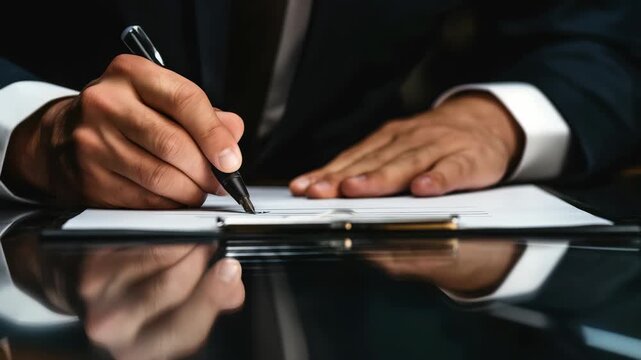 A person in dark suit signs document on glossy, reflective surface with pen. The focus is on hand making signature, emphasizing commitment, formality act