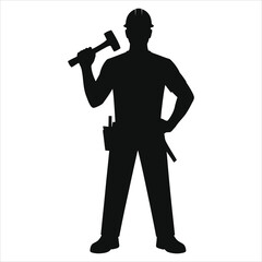 Obraz premium Silhouette of Construction Worker Holding Hammer – Skilled Tradesman in Safety Helmet with Tool Belt for Building, Carpentry, Repair, Industrial Projects, Manual Labor, and Heavy Equipment Operation 