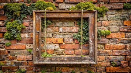 Old wooden frame hangs on a weathered brick wall with moss and lichen, showing a glimpse of the outdoors, landscape, earthy