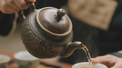 Tea being poured from an ornate teapot into a cup, held by hands in a cozy setting.