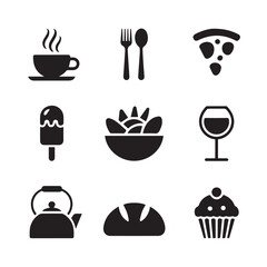 Collection of food and drink icons in black silhouette on white background  design