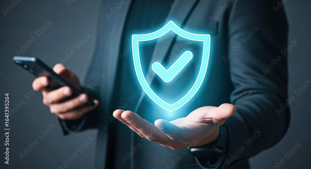 Poster data protection shield with check mark hovering over hand, mobile security and cyber protection conc