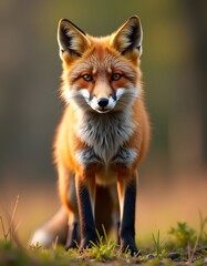 Fototapeta premium Red fox standing on green grass at sunset