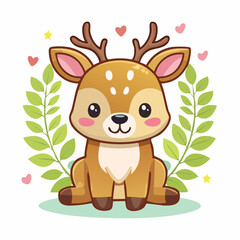 Adorable Cartoon Deer with Heart Accents, Surrounded by Greenery, in Charming Vector Art