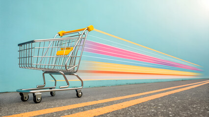 A Shopping Cart in a Dynamic, High-Speed Motion. A high-speed, dynamic shot of a shiny shopping cart in motion, and modern e-commerce image