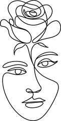 Abstract continuous line drawing of a woman s face with a rose on her head
