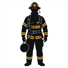 Firefighter silhouette vector illustration. First responder in full uniform and protective gear. Emergency service hero icon isolated on white background. Fireman character design for safety concepts.