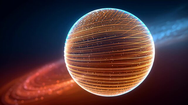 Glowing Wireframe Sphere with Rotating Lines, Particles, and Tech Inspired Design on Dark Background for Futuristic Atmosphere