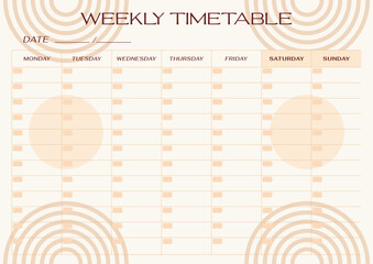 Abstract Boho line weekly planner page template. Horizontal agenda task paper organizer
