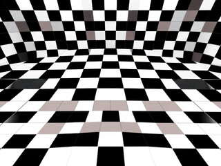 Obraz premium Visually striking checkerboard pattern creates dynamic and engaging space, with alternating black and white tiles forming three dimensional effect